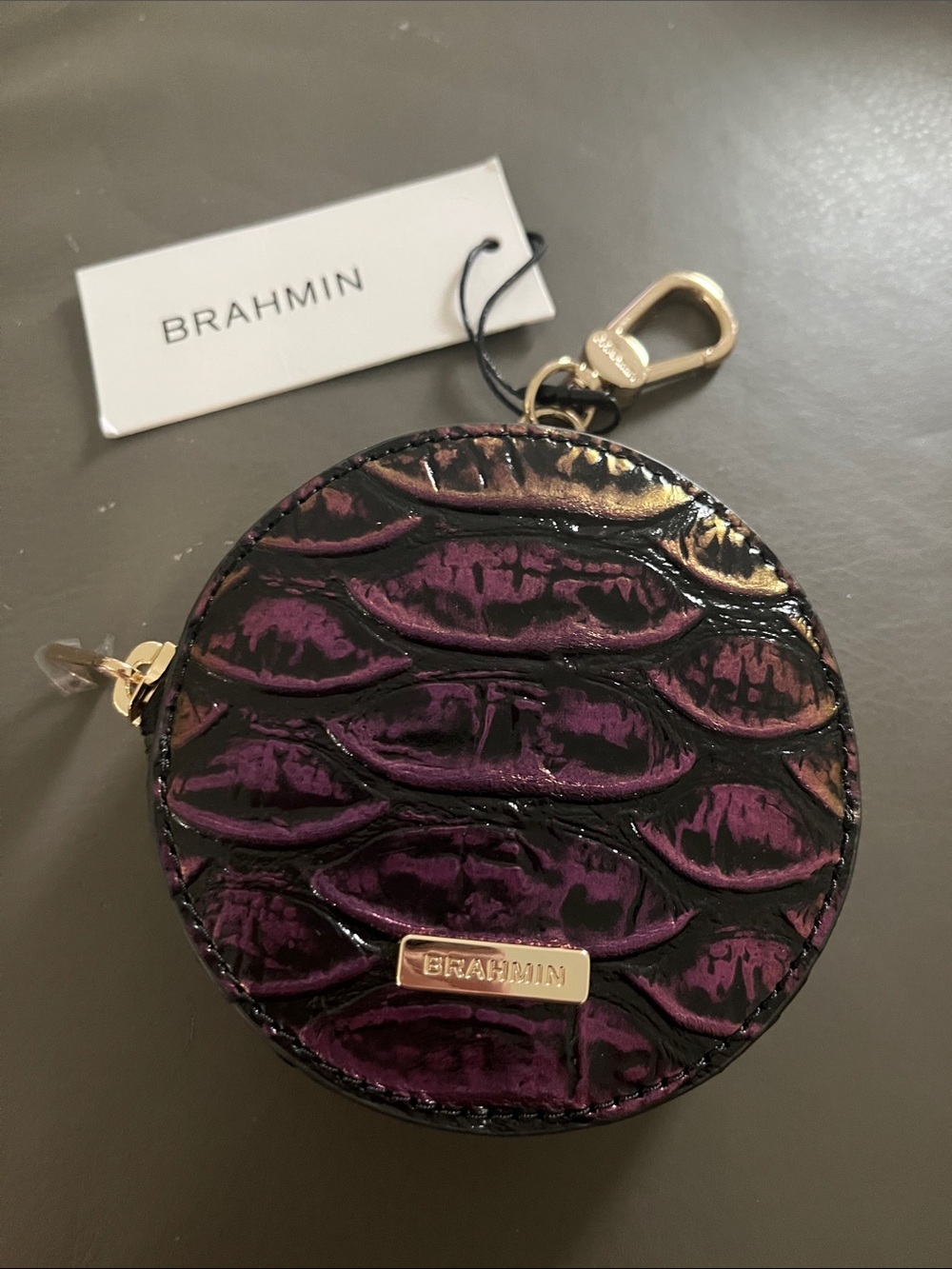 Brahmin Purple and Black Embossed Round Coin Pouch with Gold Hardware